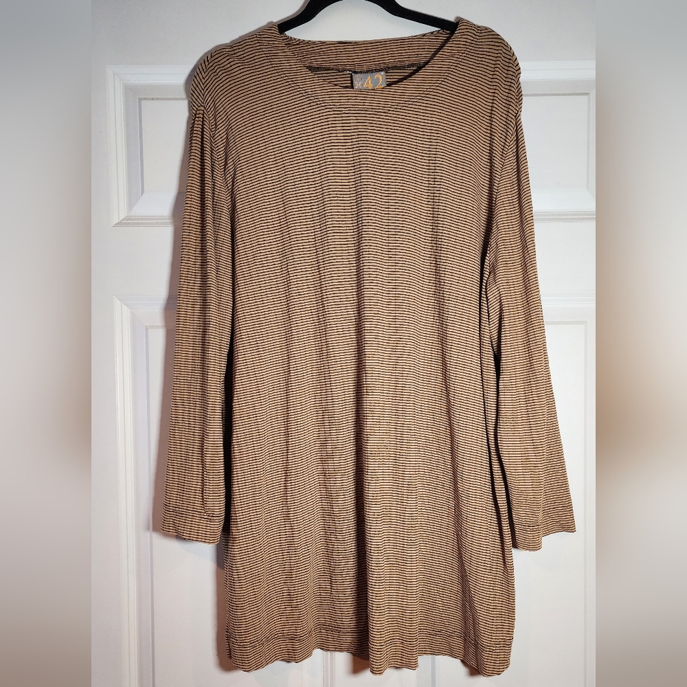 Thea 42 Plus Stretchy Tan And Black Striped Long Sleeve Top